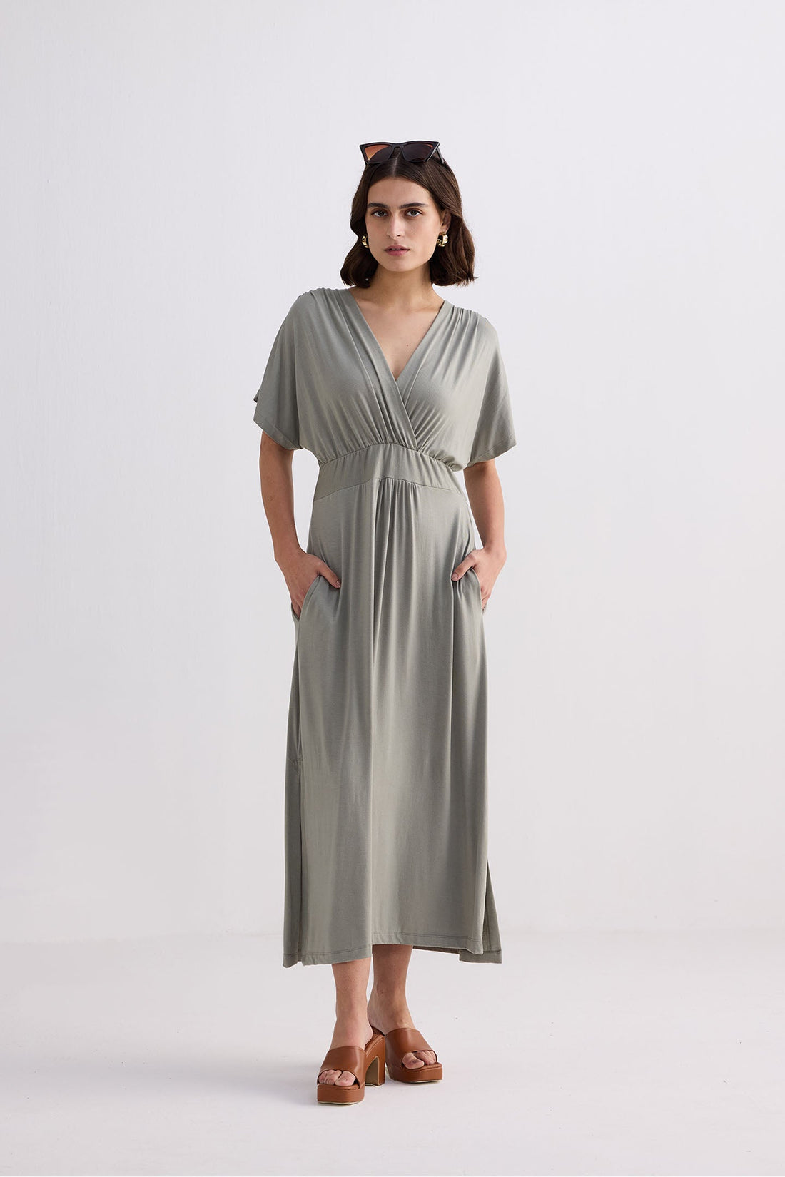 Flowy A-Line Maxi Dress with Side Slits in Light Olive -COL - Stella Carakasi