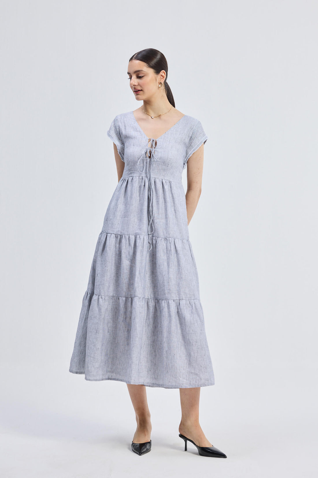 Maxi Tiered Dress with Front-ties in Linen Stripes -COL - Stella Carakasi
