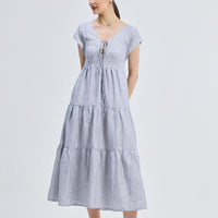 Maxi Tiered Dress with Front-ties in Linen Stripes -COL - Stella Carakasi