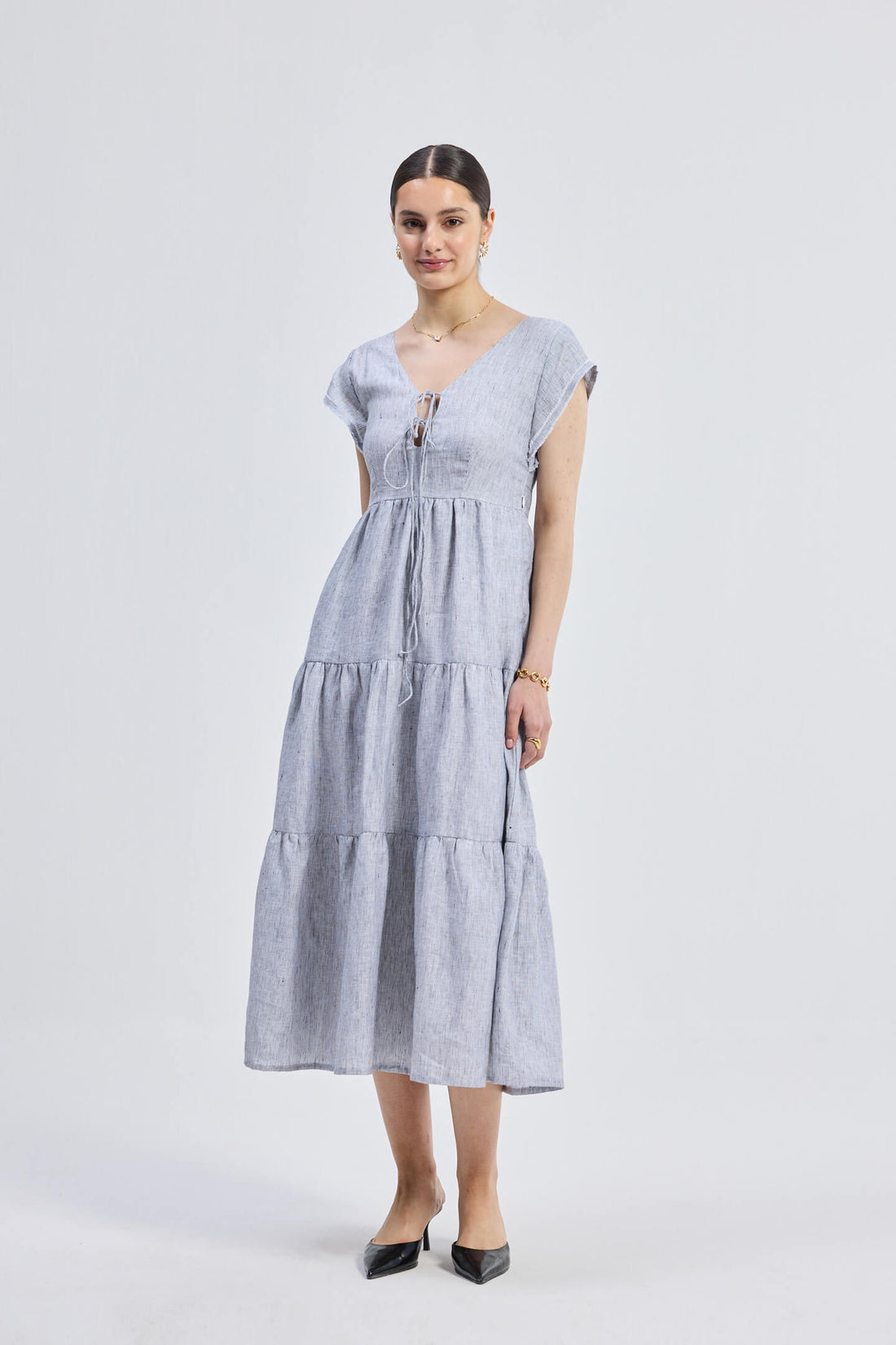 Maxi Tiered Dress with Front-ties in Linen Stripes -COL - Stella Carakasi