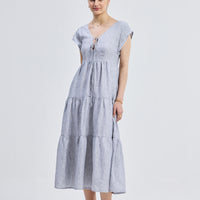 Maxi Tiered Dress with Front-ties in Linen Stripes -COL - Stella Carakasi