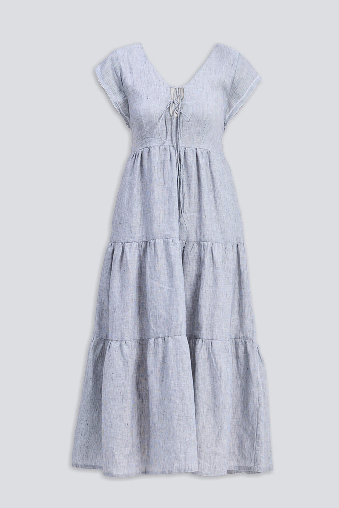 Maxi Tiered Dress with Front-ties in Linen Stripes -COL - Stella Carakasi