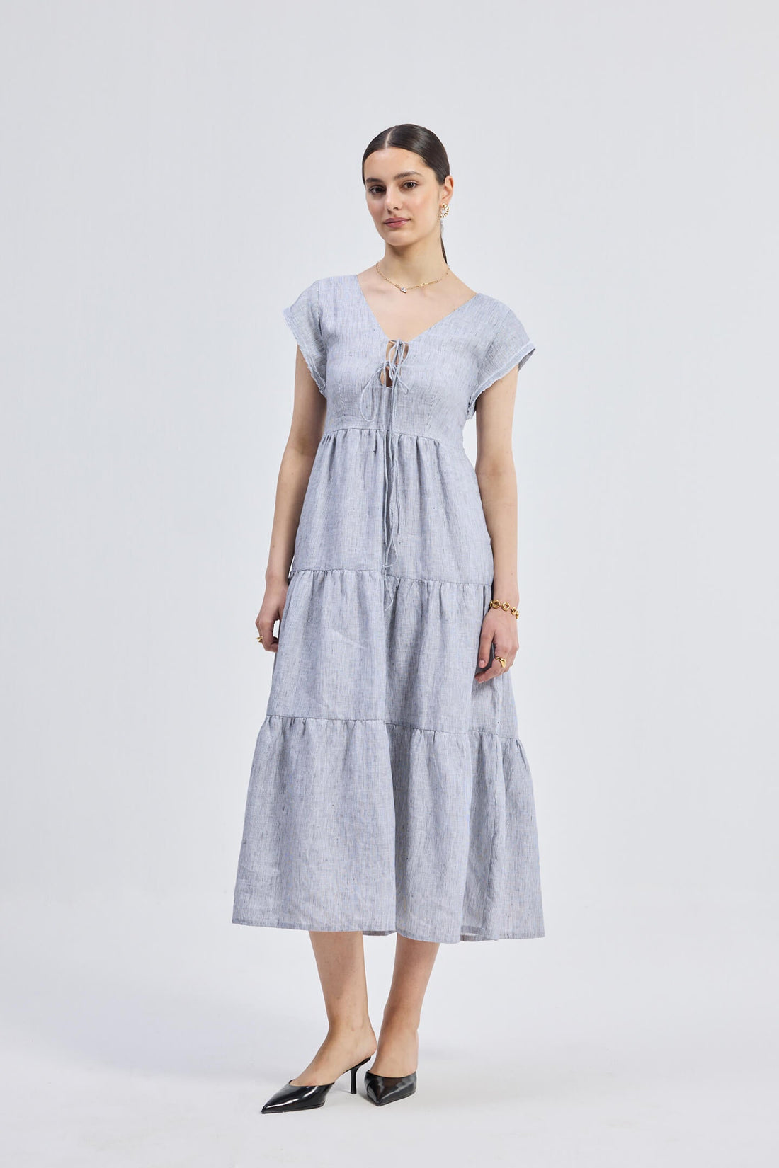 Maxi Tiered Dress with Front-ties in Linen Stripes -COL - Stella Carakasi