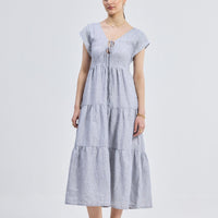 Maxi Tiered Dress with Front-ties in Linen Stripes -COL - Stella Carakasi