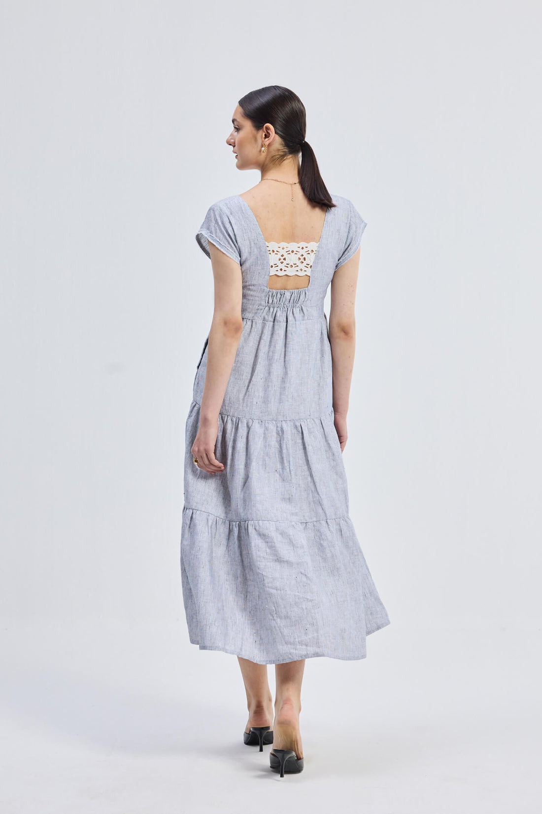 Maxi Tiered Dress with Front-ties in Linen Stripes -COL - Stella Carakasi