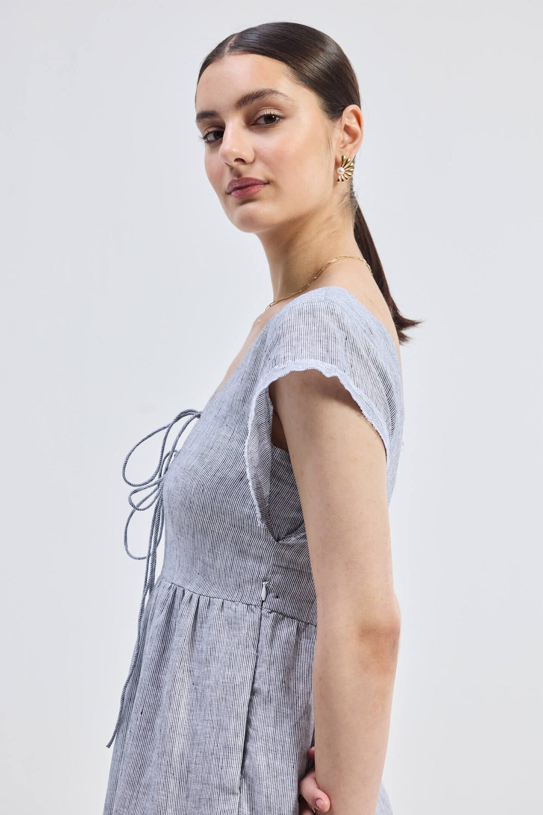 Maxi Tiered Dress with Front-ties in Linen Stripes -COL - Stella Carakasi