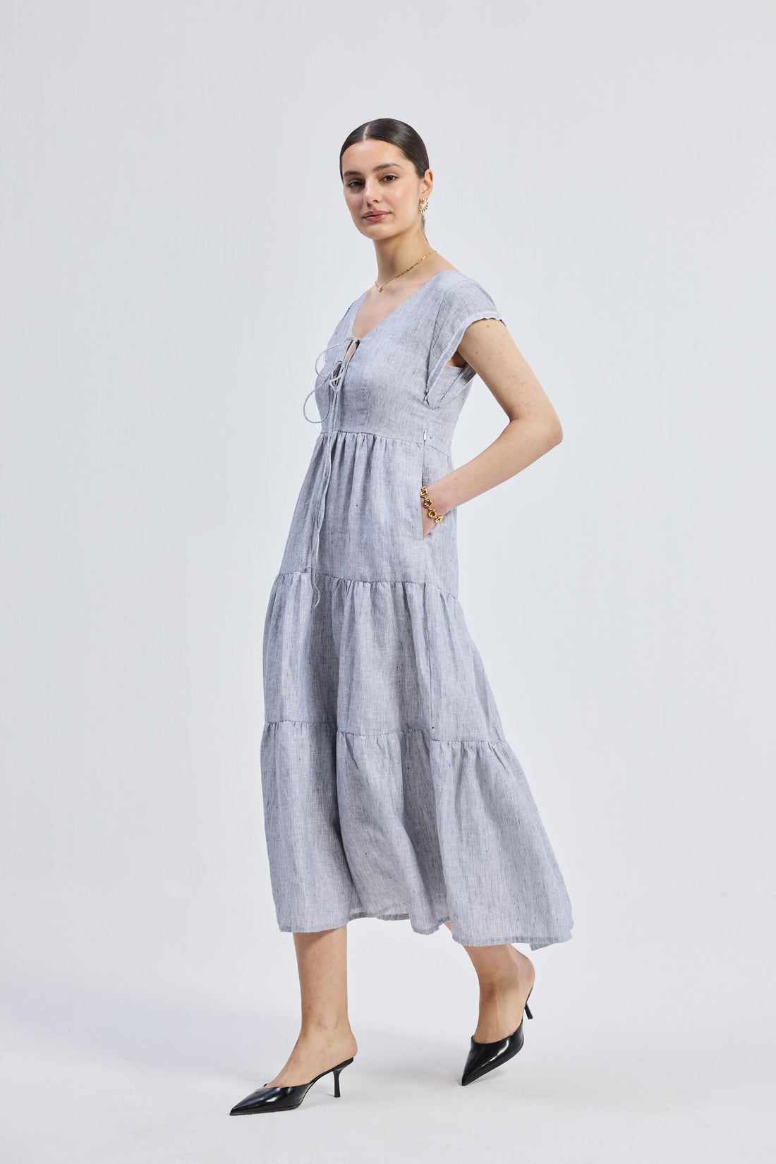 Maxi Tiered Dress with Front-ties in Linen Stripes -COL - Stella Carakasi