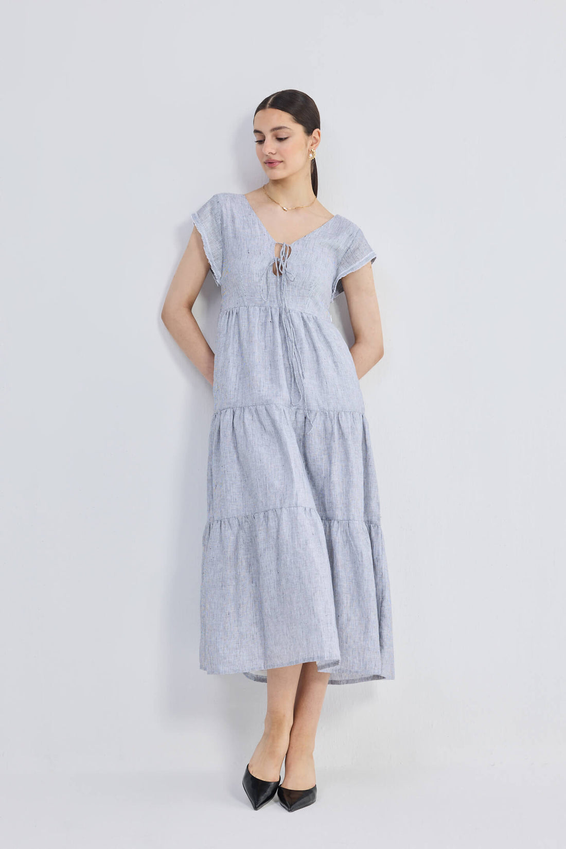 Maxi Tiered Dress with Front-ties in Linen Stripes -COL - Stella Carakasi