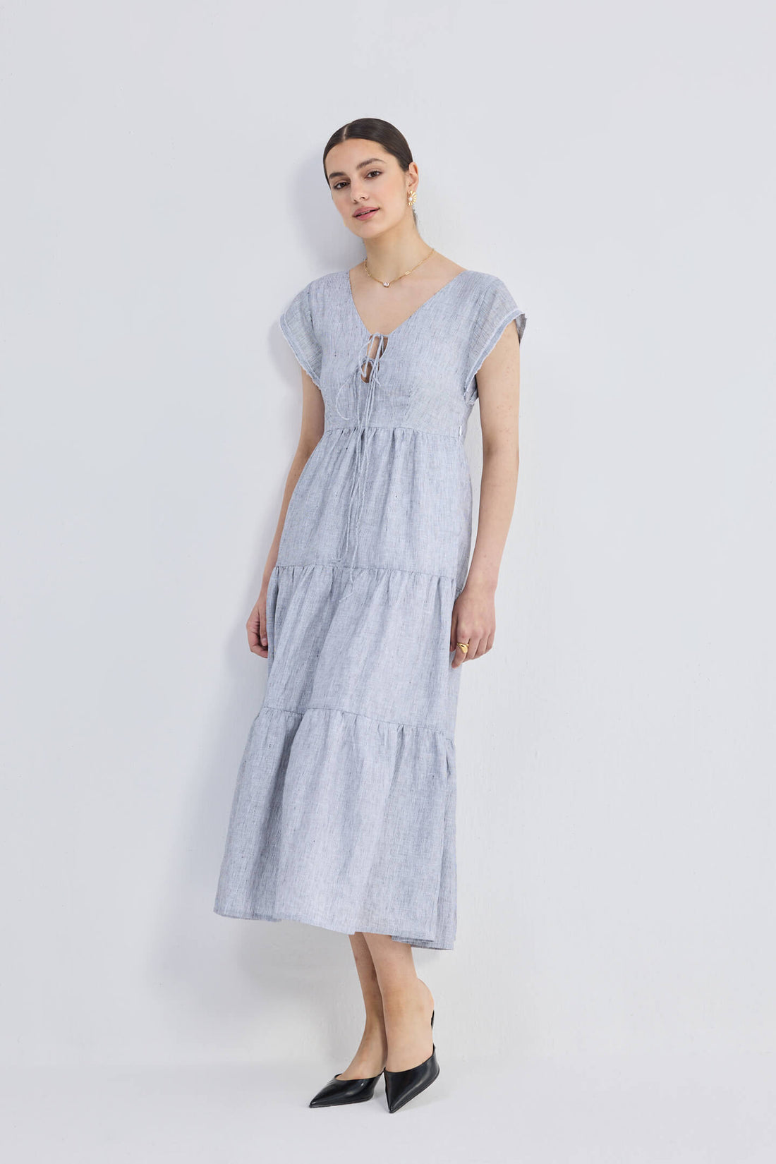 Maxi Tiered Dress with Front-ties in Linen Stripes -COL - Stella Carakasi