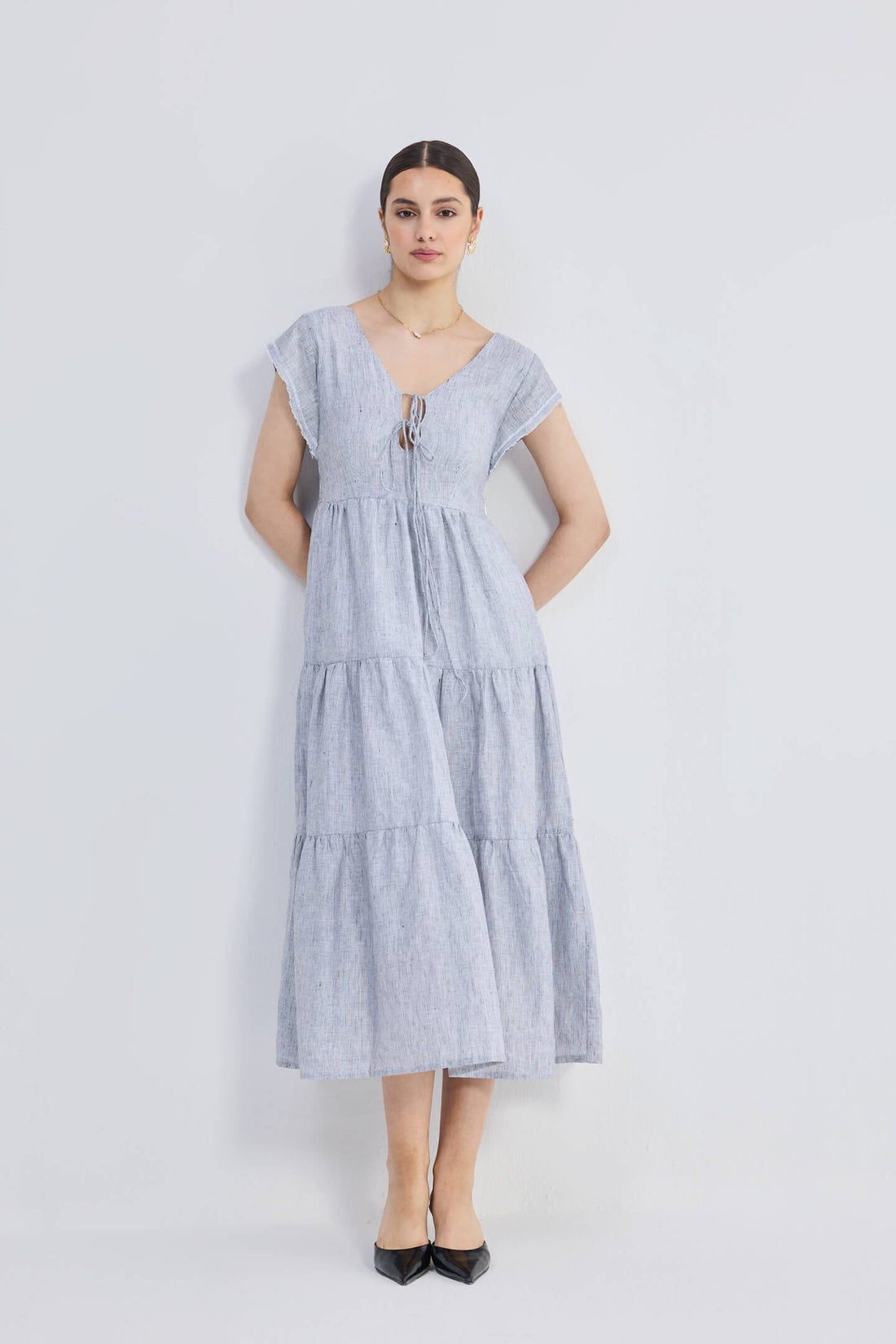 Maxi Tiered Dress with Front-ties in Linen Stripes -COL - Stella Carakasi