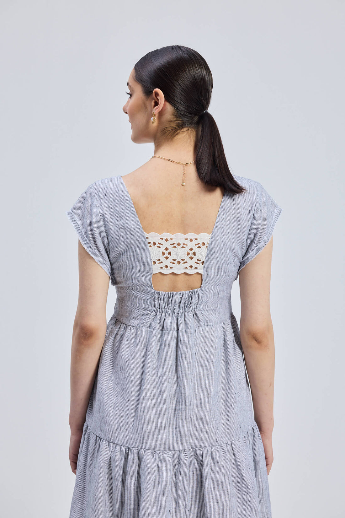 Maxi Tiered Dress with Front-ties in Linen Stripes -COL - Stella Carakasi