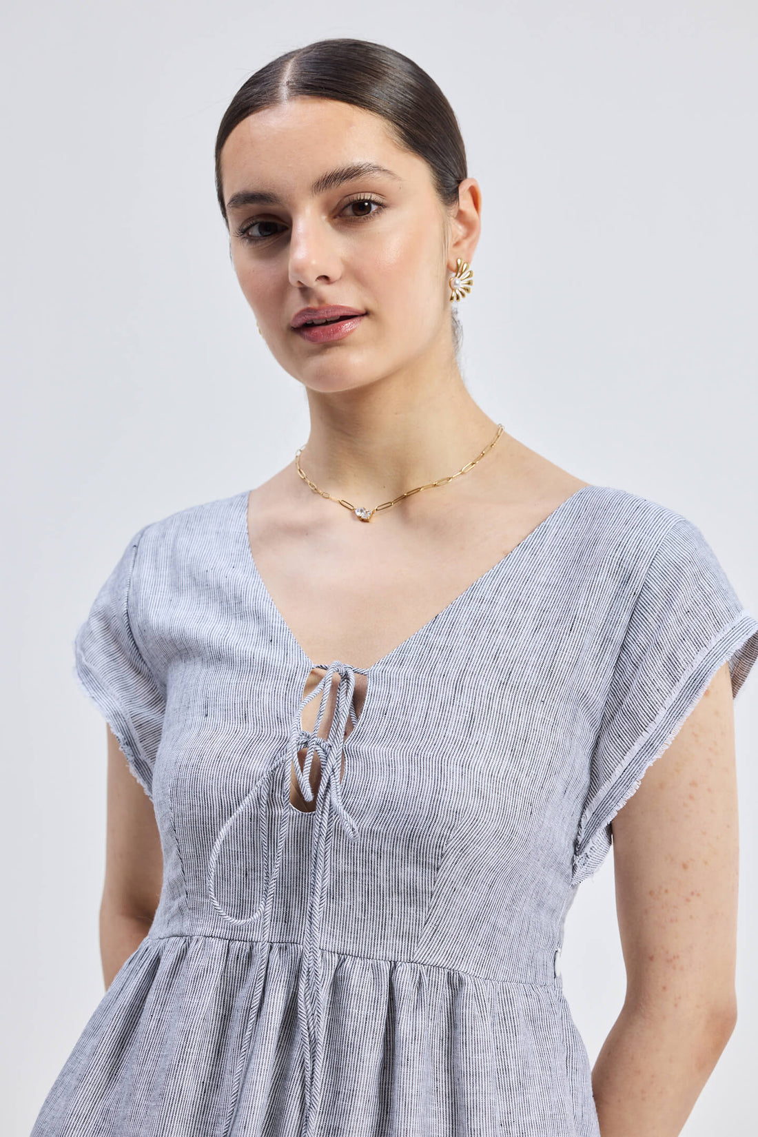 Maxi Tiered Dress with Front-ties in Linen Stripes -COL - Stella Carakasi
