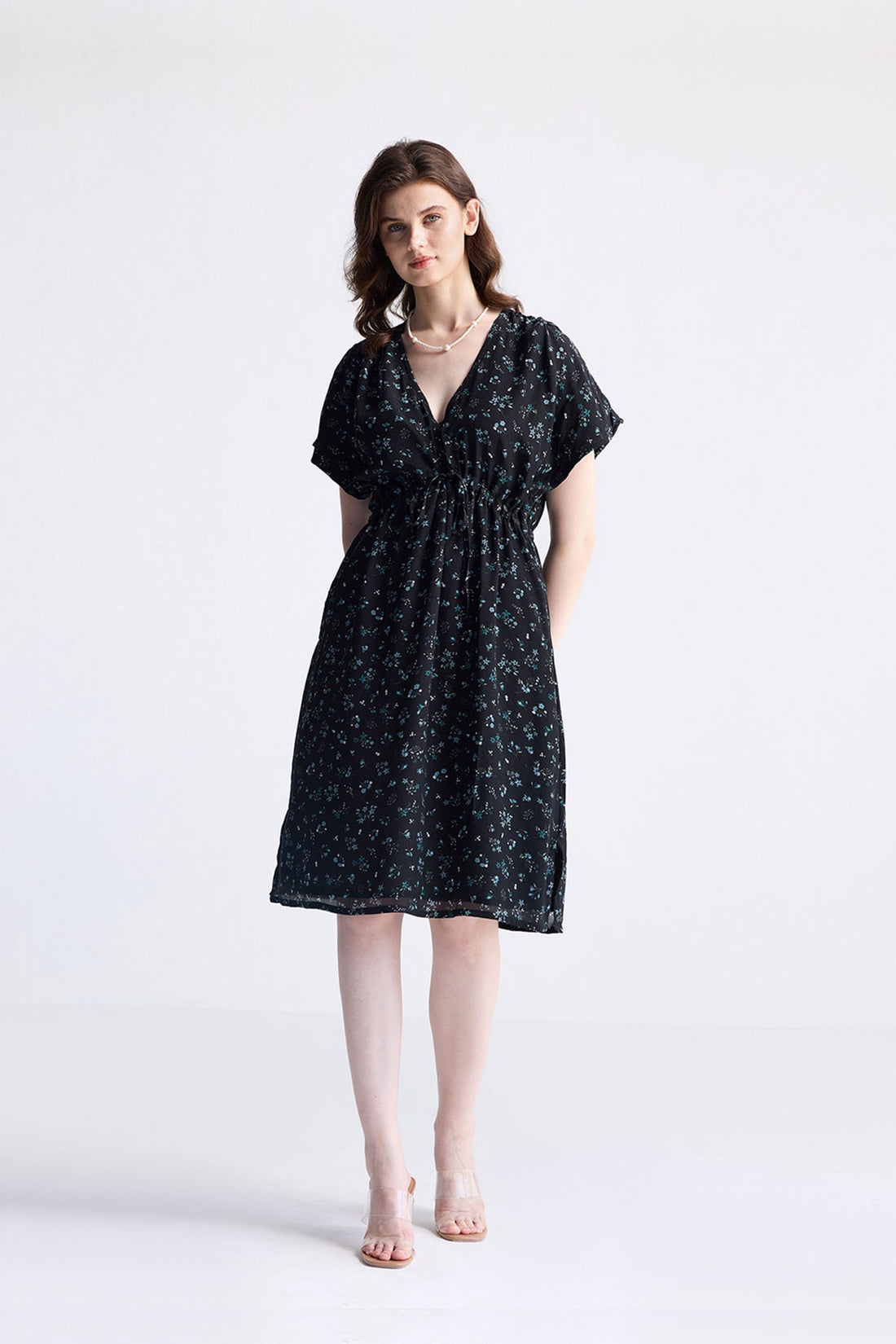 Gathered Knee-length Dress in Dark Blue Florals -COL - Stella Carakasi