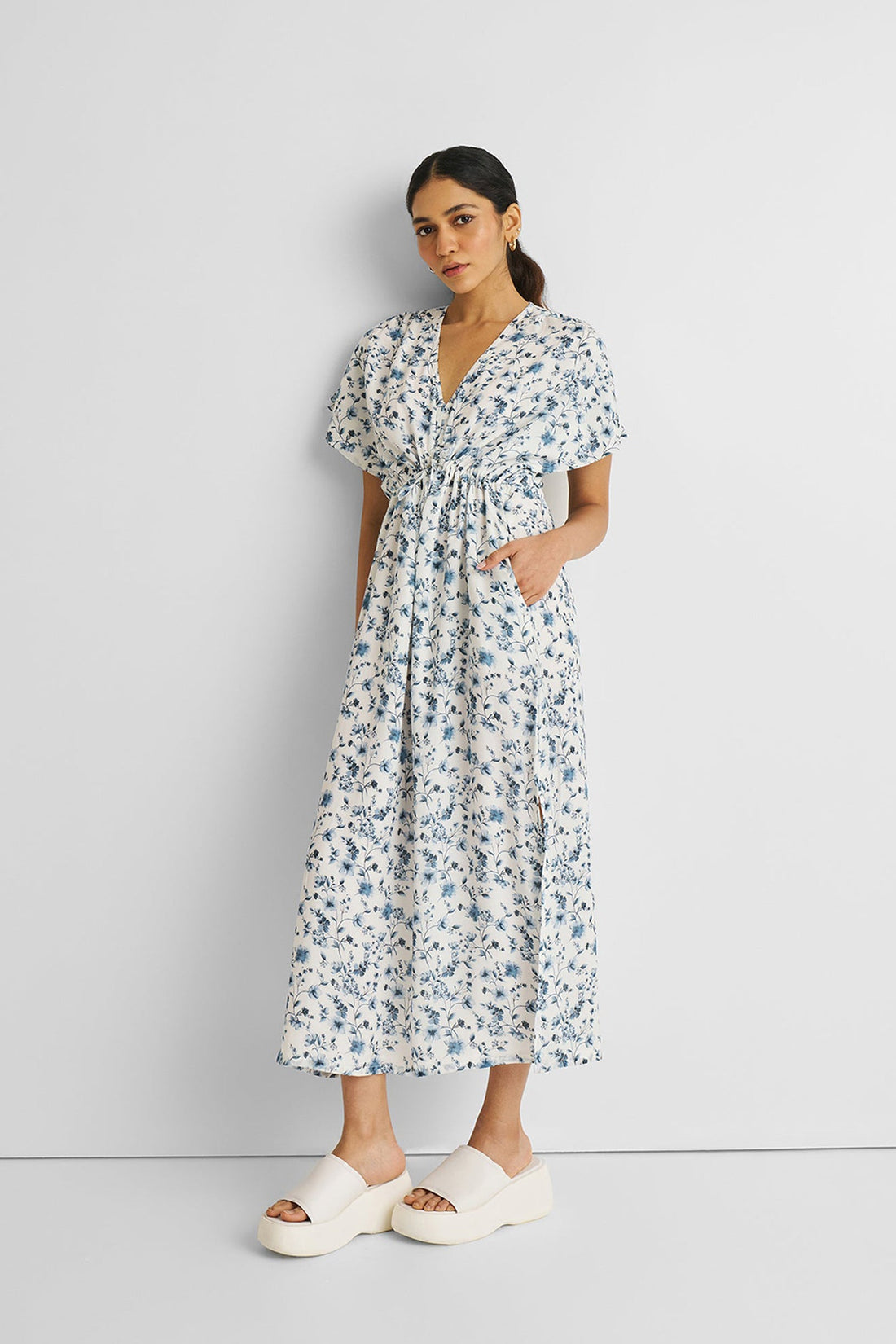 Gathered Maxi Dress in Blue Florals -COL - Stella Carakasi