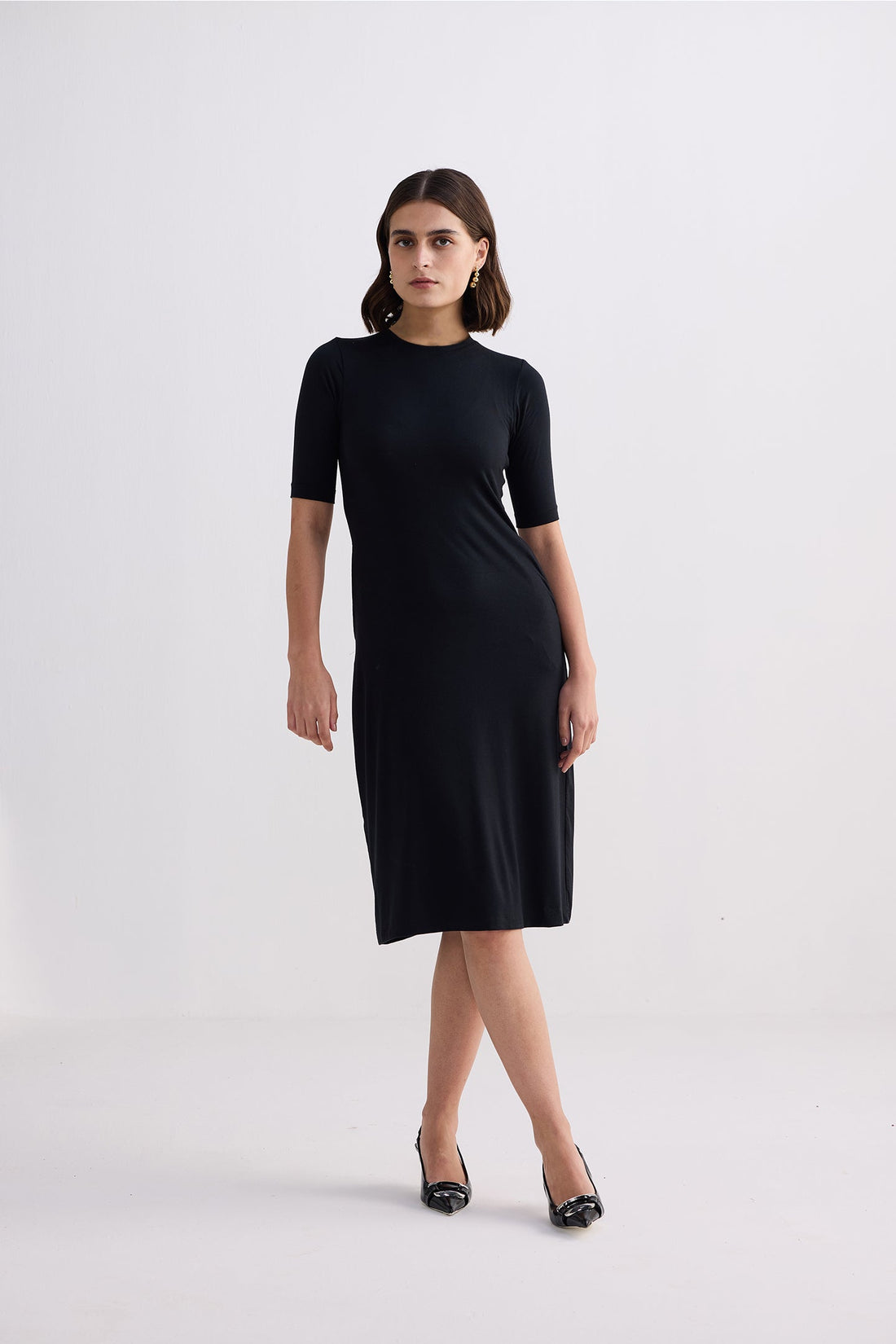 High Crew Neck Elbow Sleeves Fitted Dress -COL
