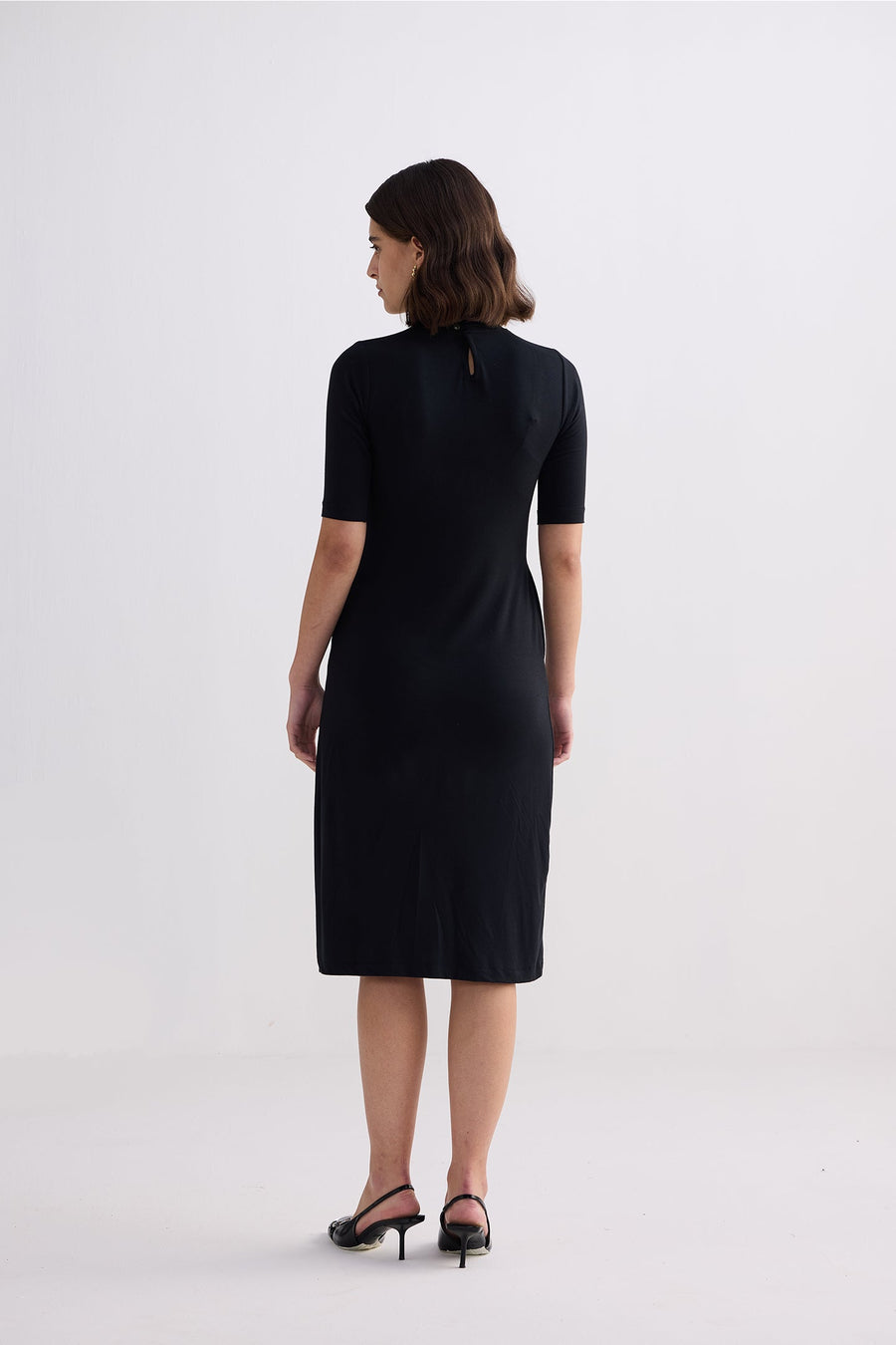 High Crew Neck Elbow Sleeves Fitted Dress -COL