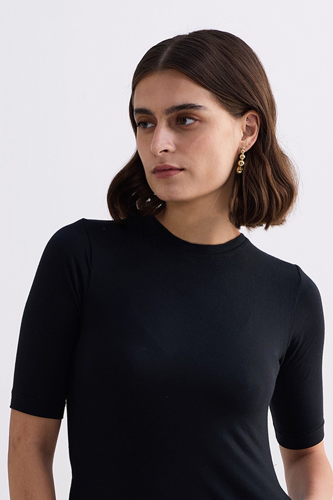 High Crew Neck Elbow Sleeves Fitted Dress -COL