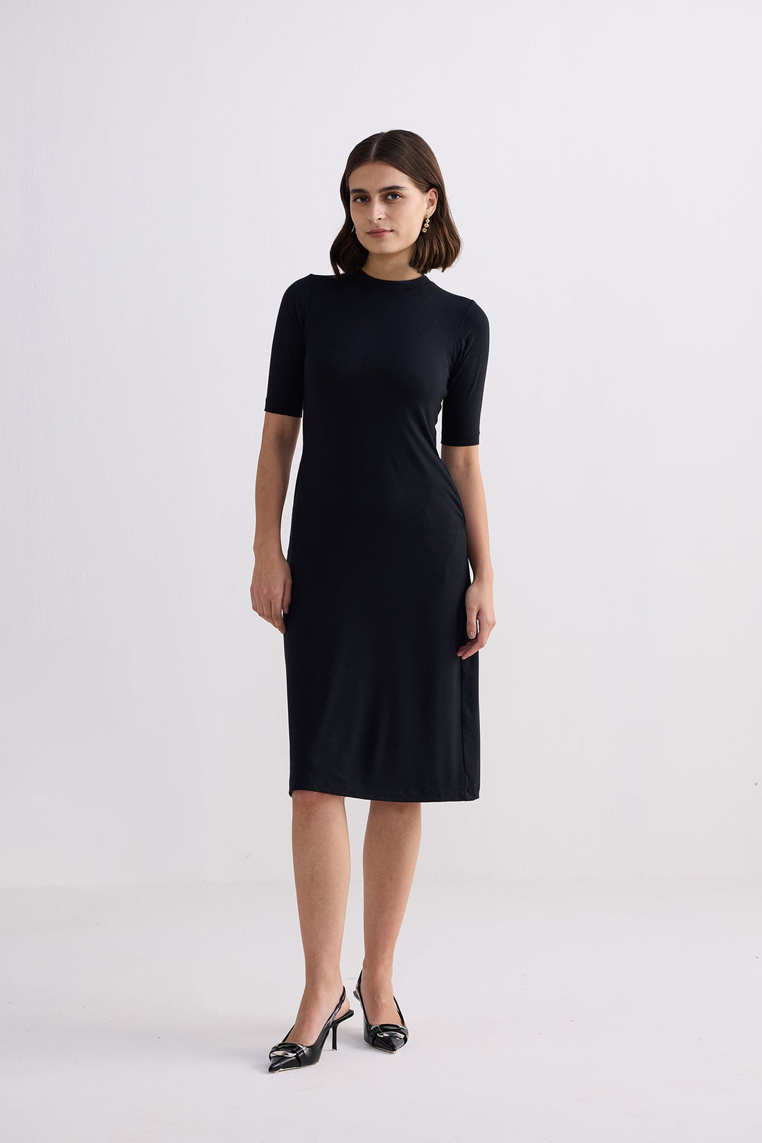 High Crew Neck Elbow Sleeves Fitted Dress -COL