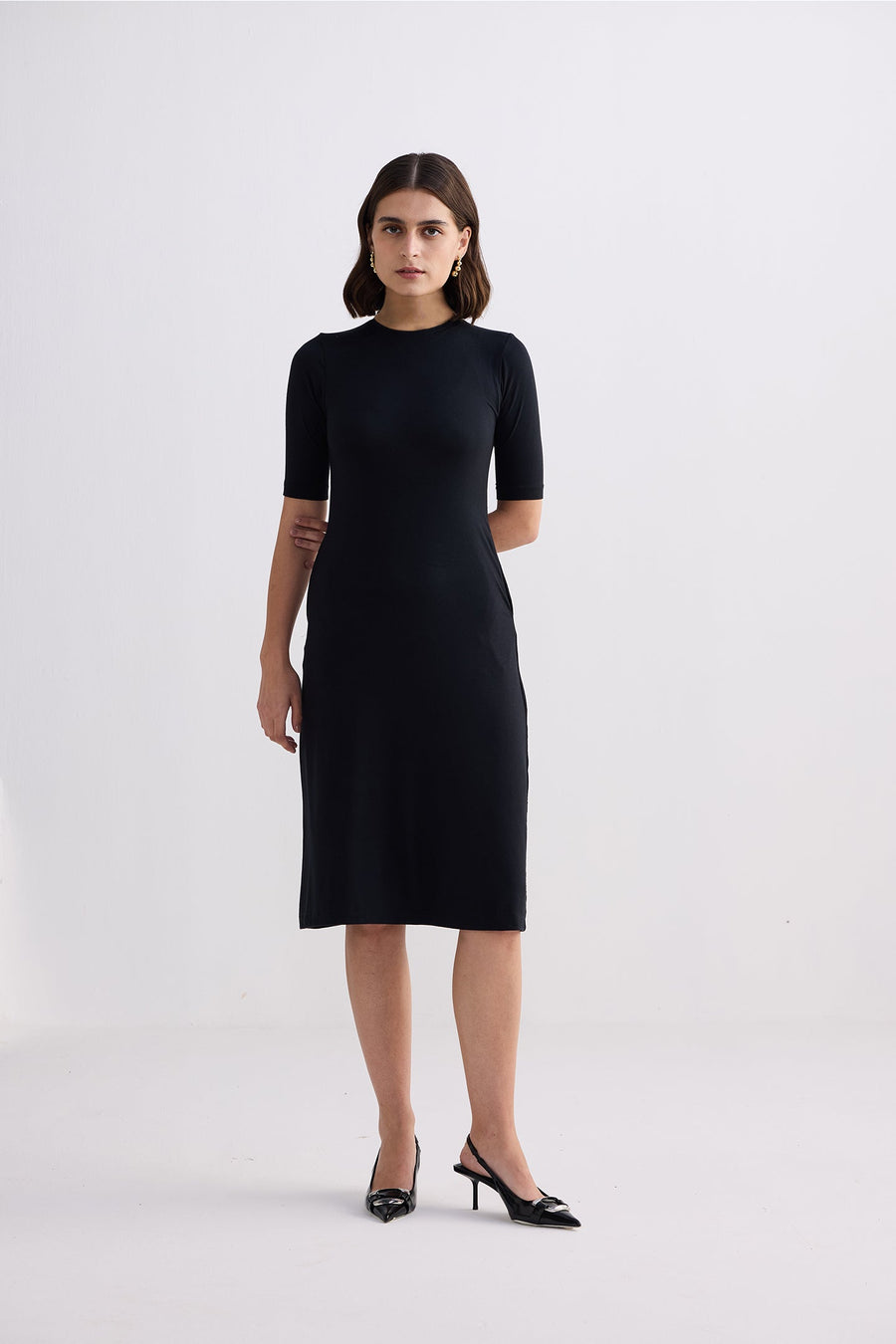 High Crew Neck Elbow Sleeves Fitted Dress -COL