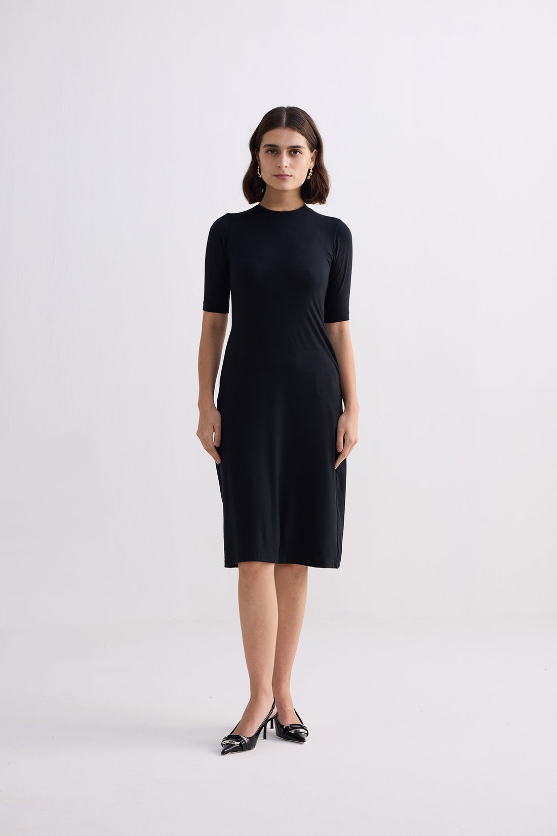 High Crew Neck Elbow Sleeves Fitted Dress -COL