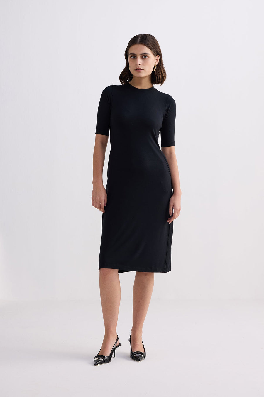 High Crew Neck Elbow Sleeves Fitted Dress -COL