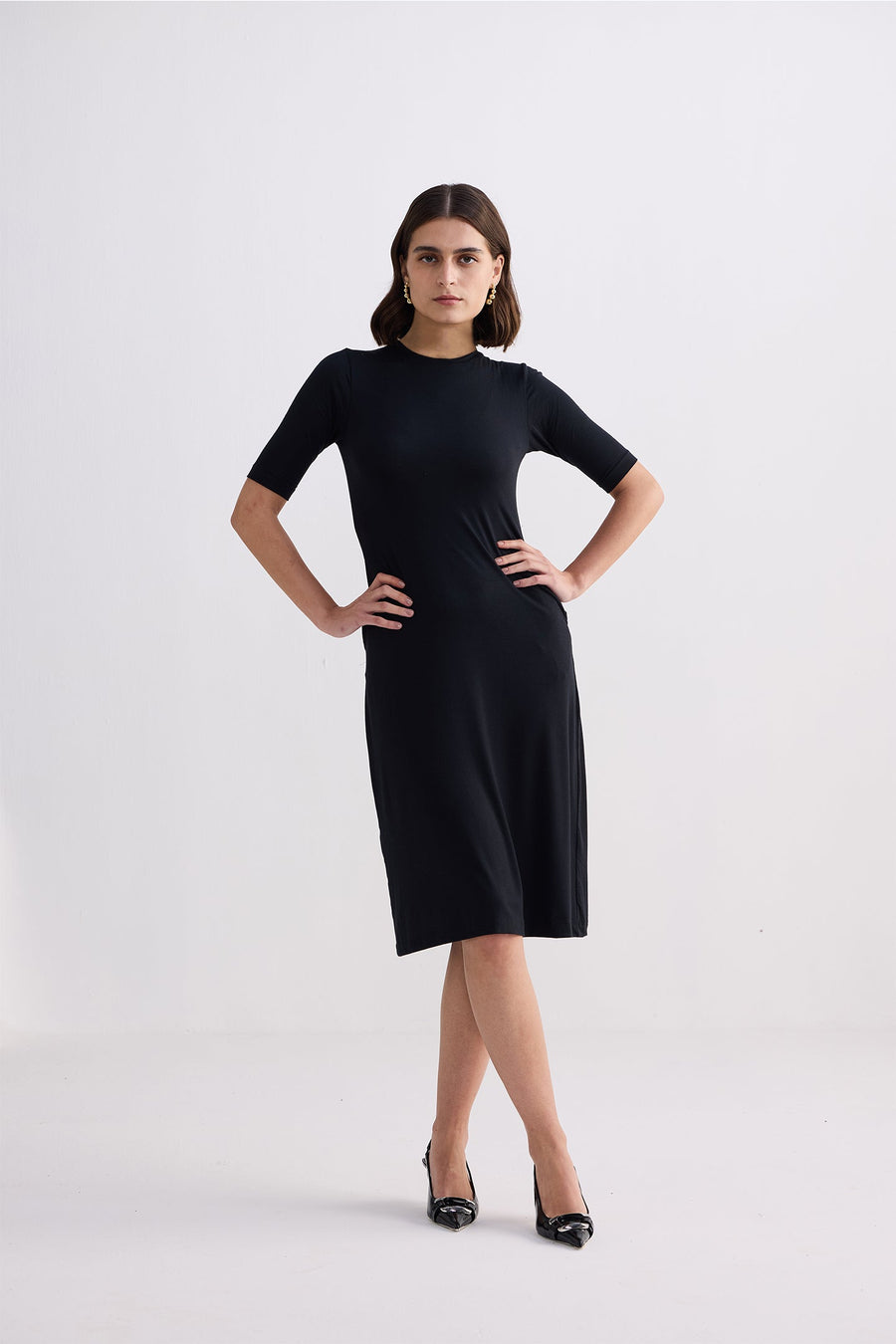 High Crew Neck Elbow Sleeves Fitted Dress -COL