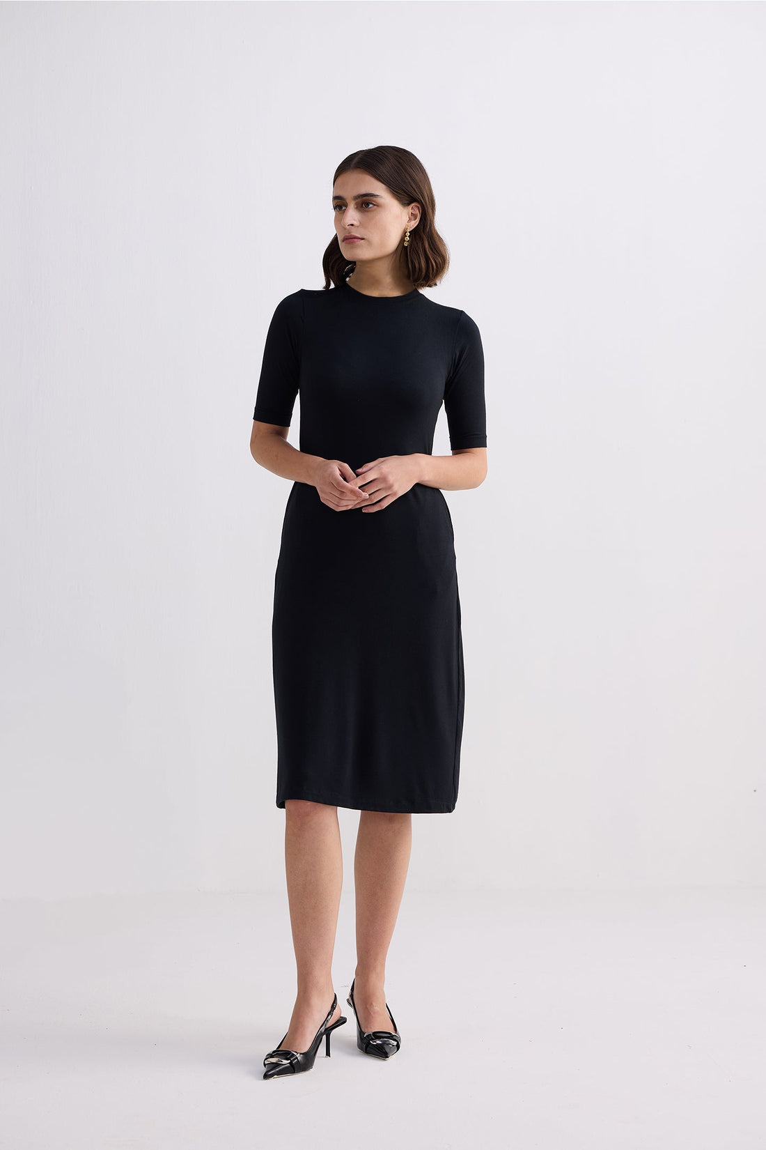 High Crew Neck Elbow Sleeves Fitted Dress -COL