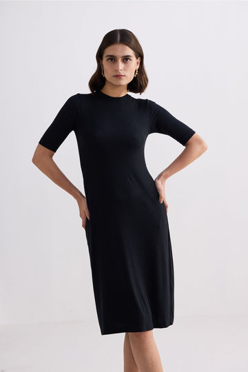 High Crew Neck Elbow Sleeves Fitted Dress -COL