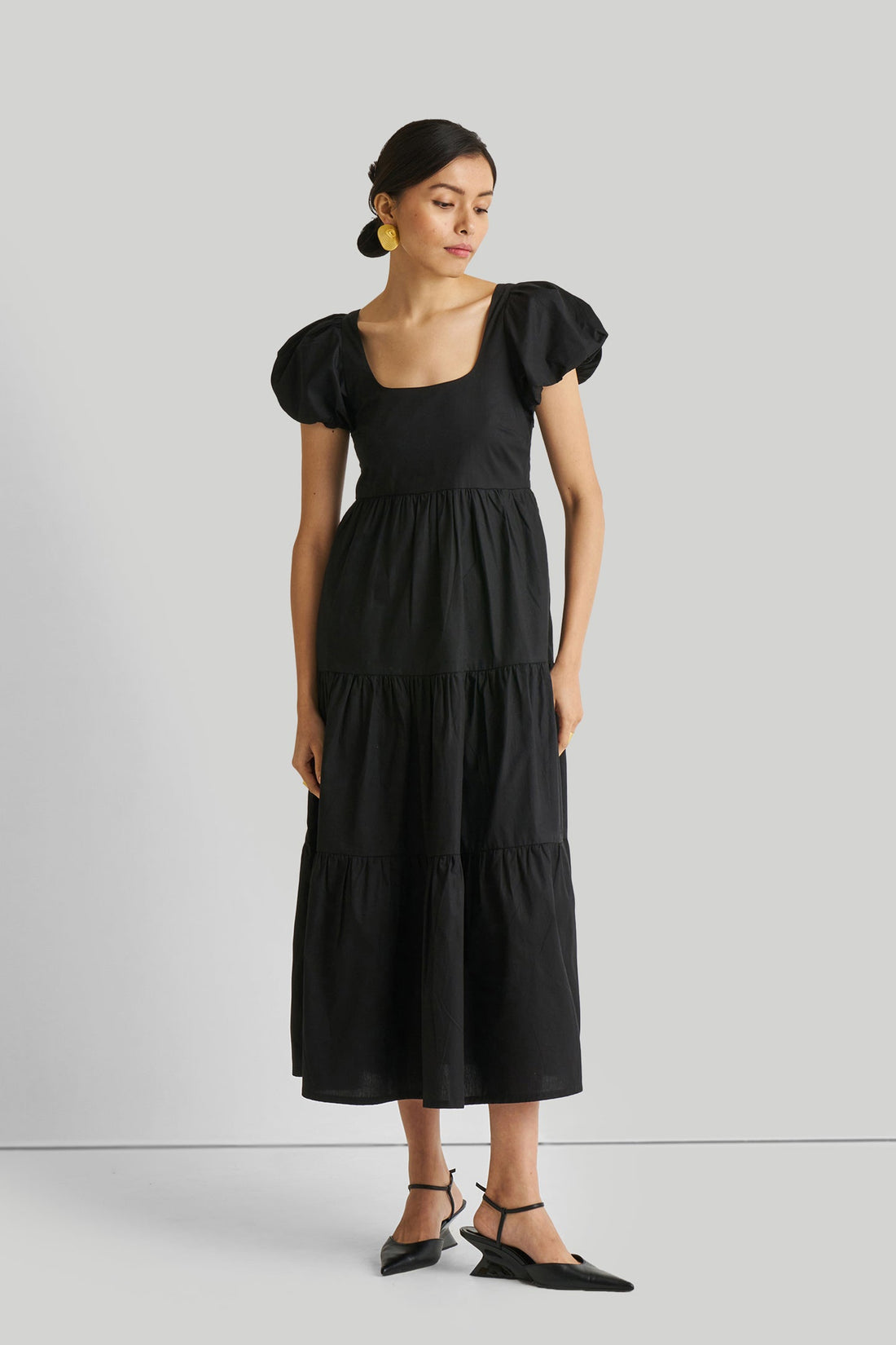 Puff Sleeve Tiered Maxi Dress in Black -COL - Stella Carakasi