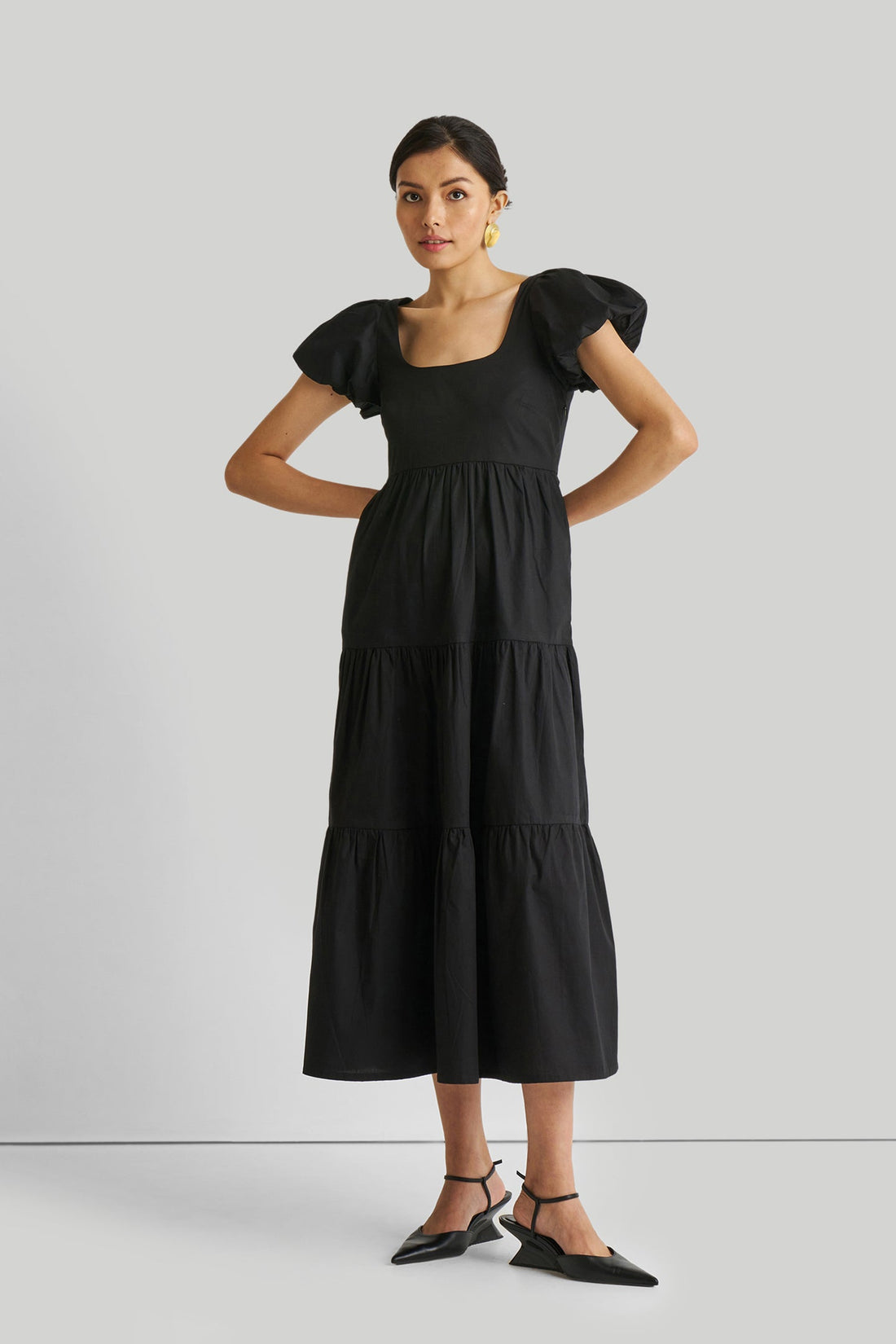 Puff Sleeve Tiered Maxi Dress in Black -COL - Stella Carakasi