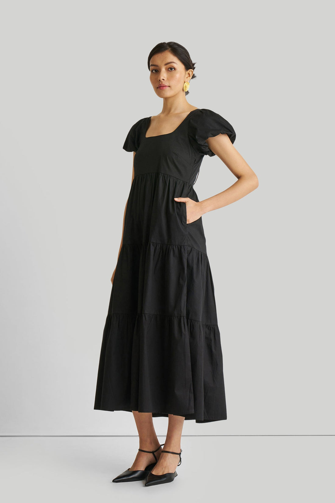 Puff Sleeve Tiered Maxi Dress in Black -COL - Stella Carakasi