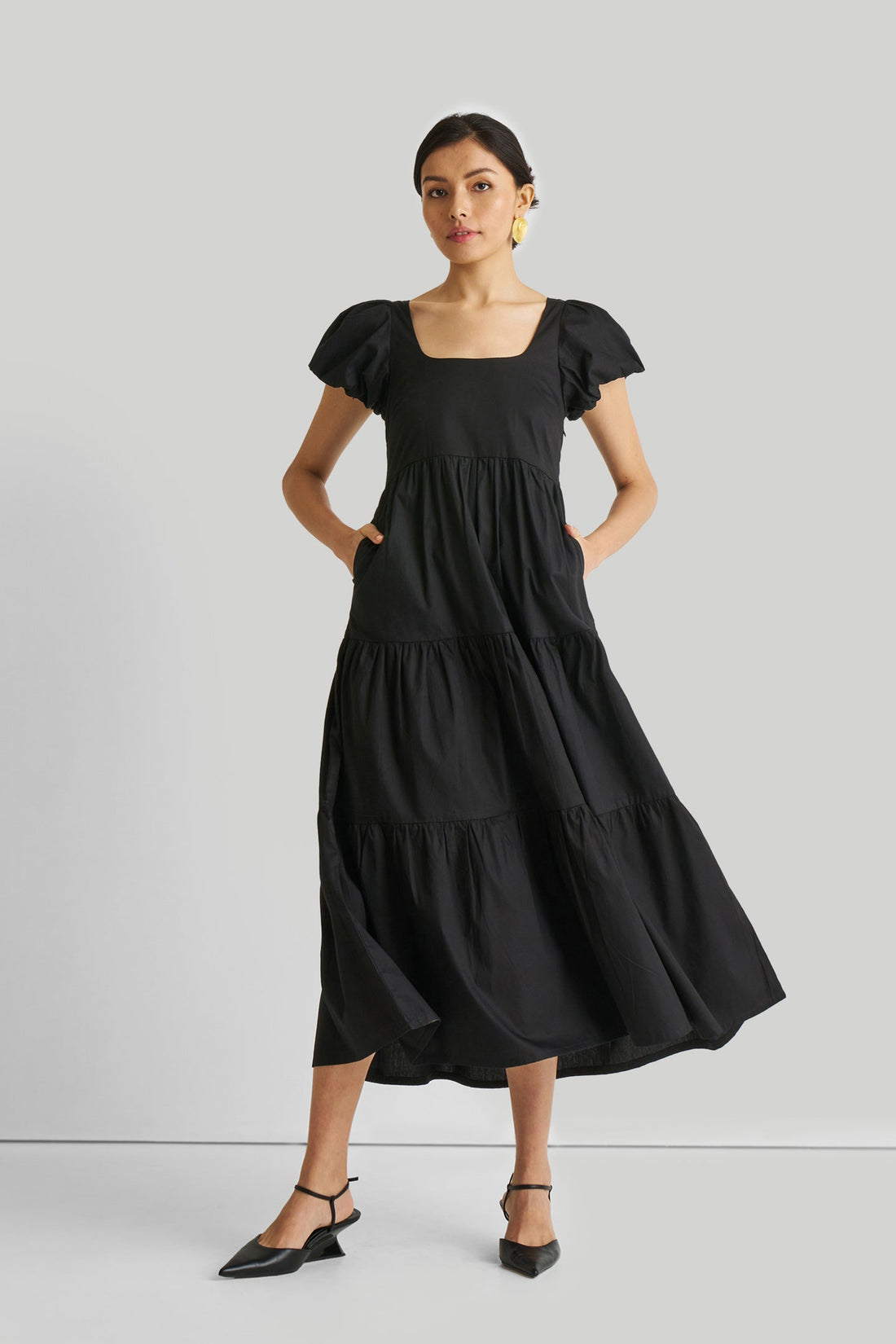 Puff Sleeve Tiered Maxi Dress in Black -COL - Stella Carakasi