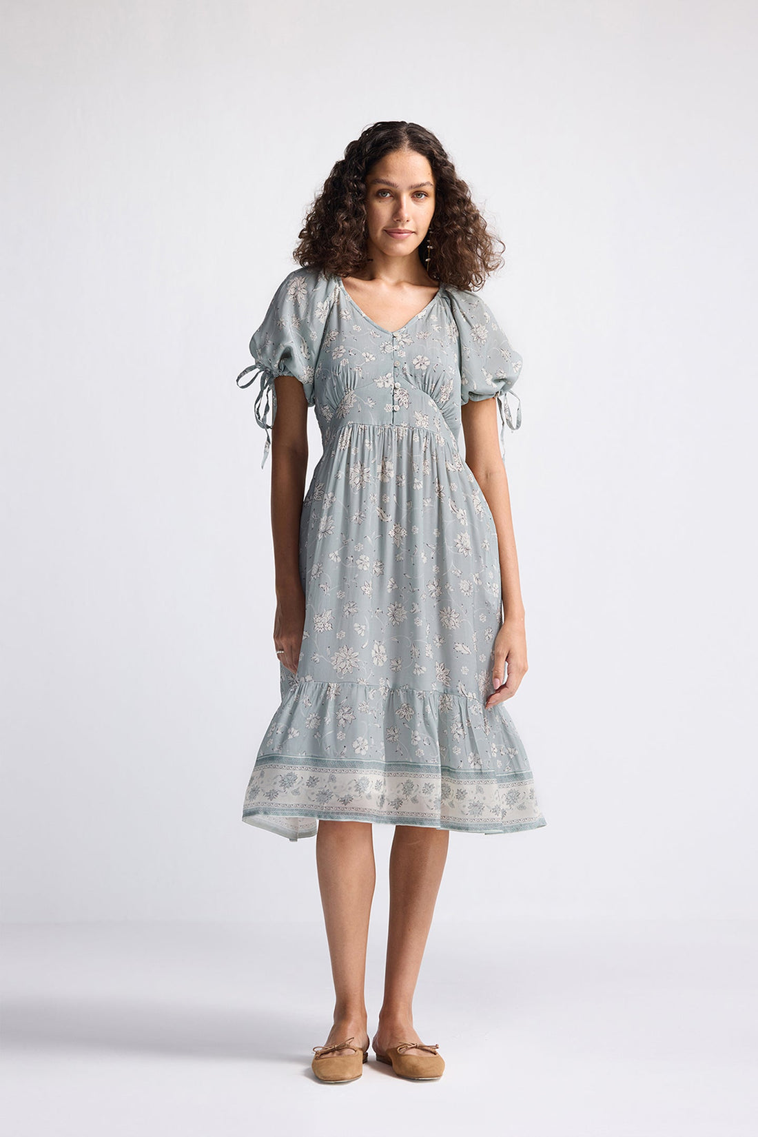 Puff Sleeve Midi Dress in Sage Green -COL - Stella Carakasi