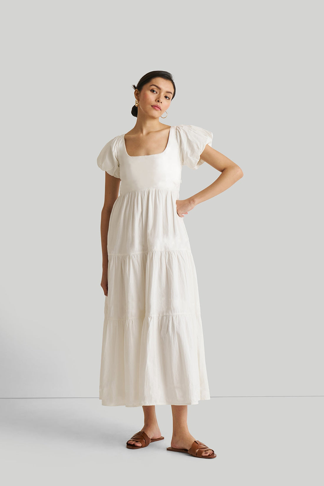 Puff Sleeve Tiered Dress in White -COL - Stella Carakasi