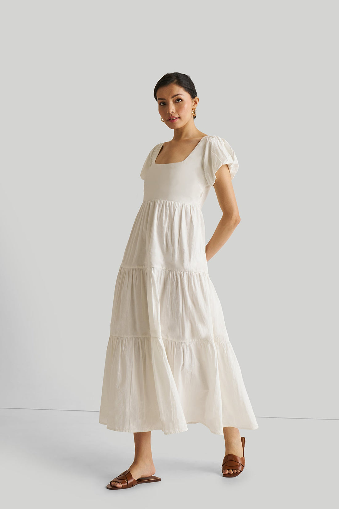 Puff Sleeve Tiered Dress in White -COL - Stella Carakasi