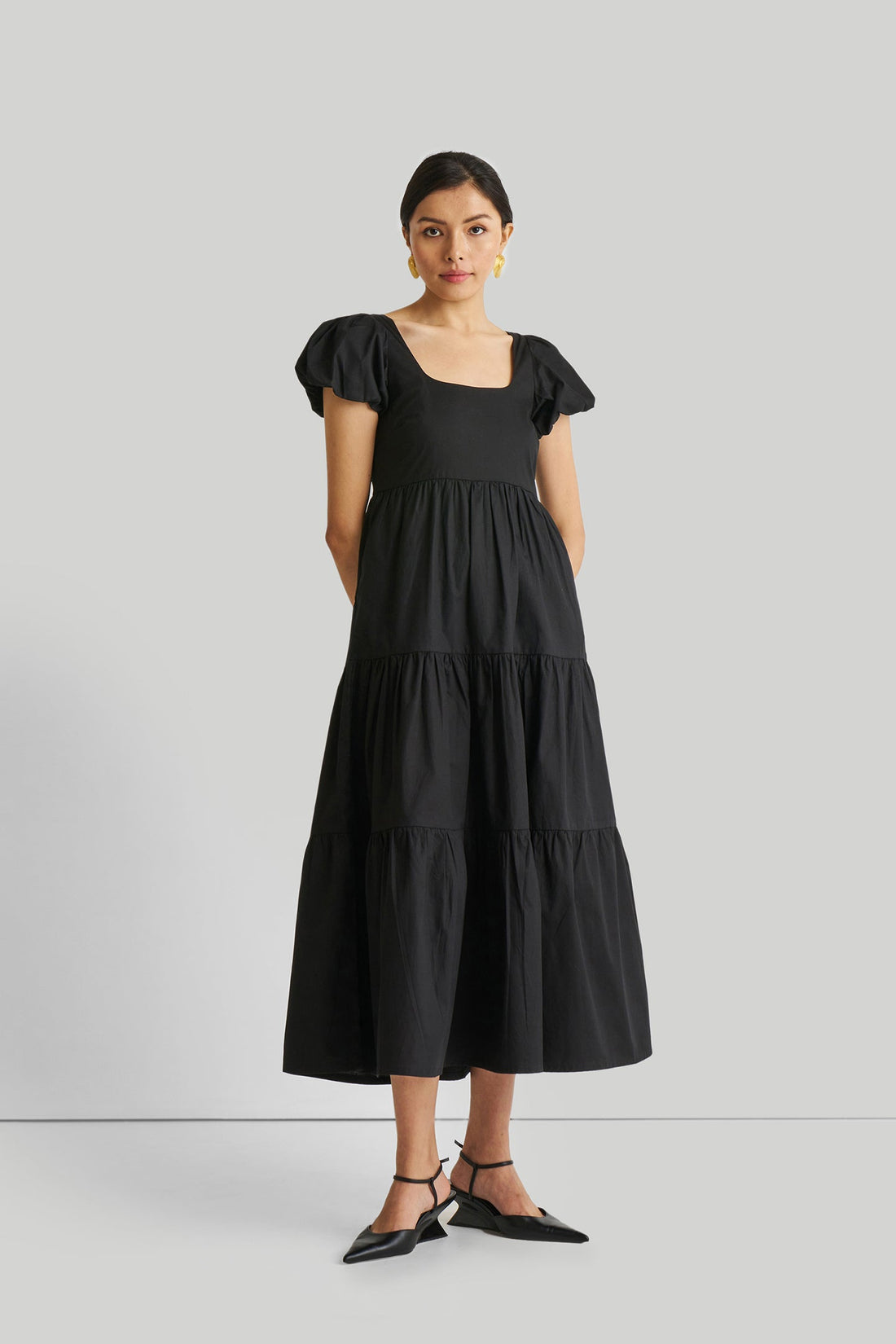Puff Sleeve Tiered Maxi Dress in Black -COL - Stella Carakasi