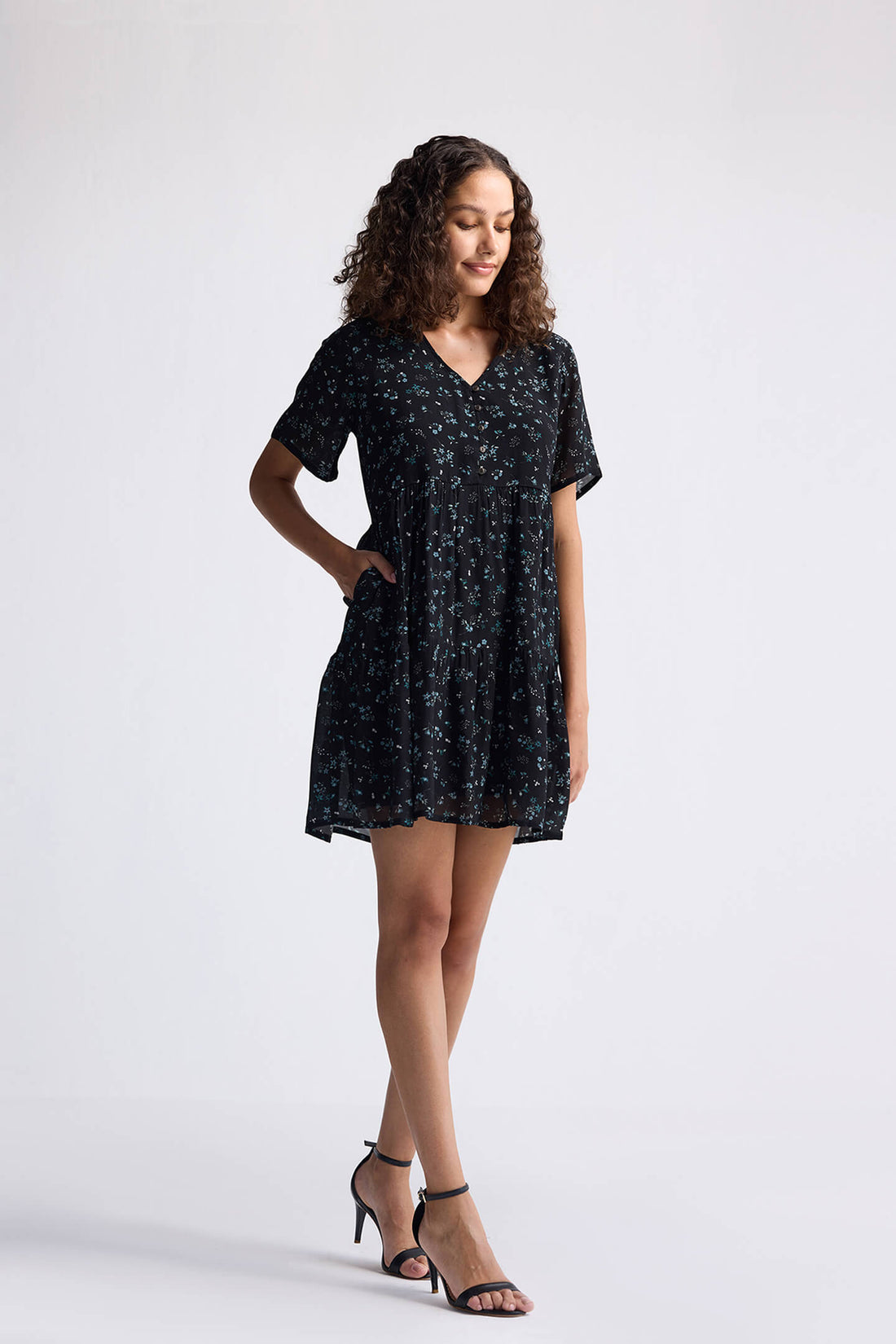 Floral Short Tiered Dress in Dark Blue -COL - Stella Carakasi