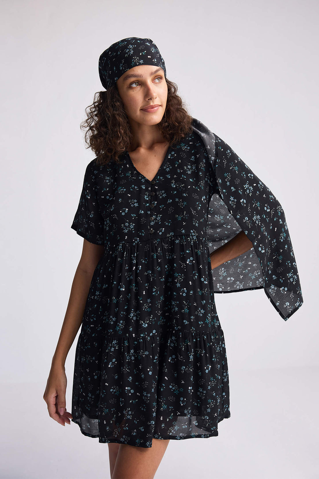Floral Short Tiered Dress in Dark Blue -COL - Stella Carakasi