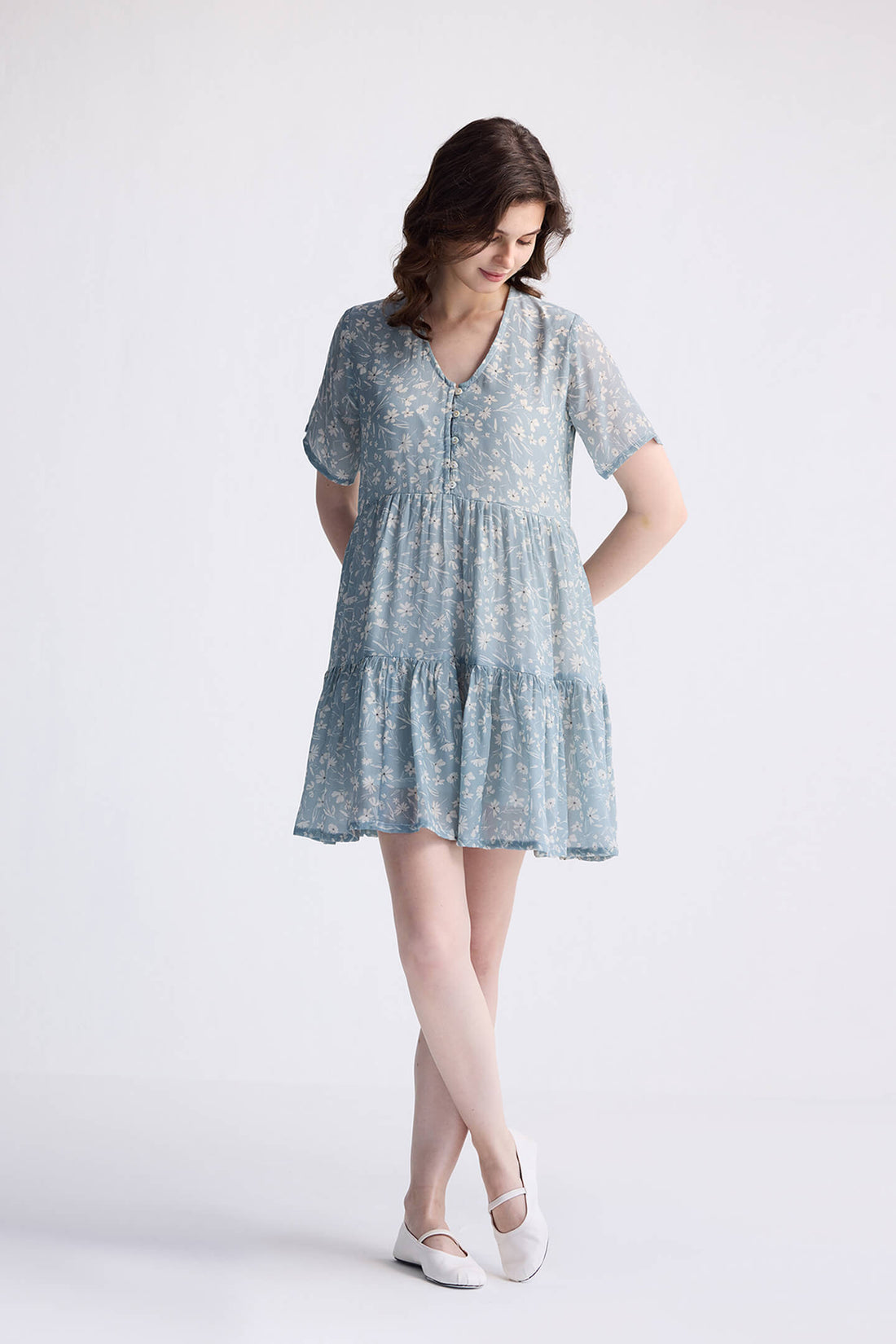 Floral Short Tiered dress in Light Blue -COL - Stella Carakasi