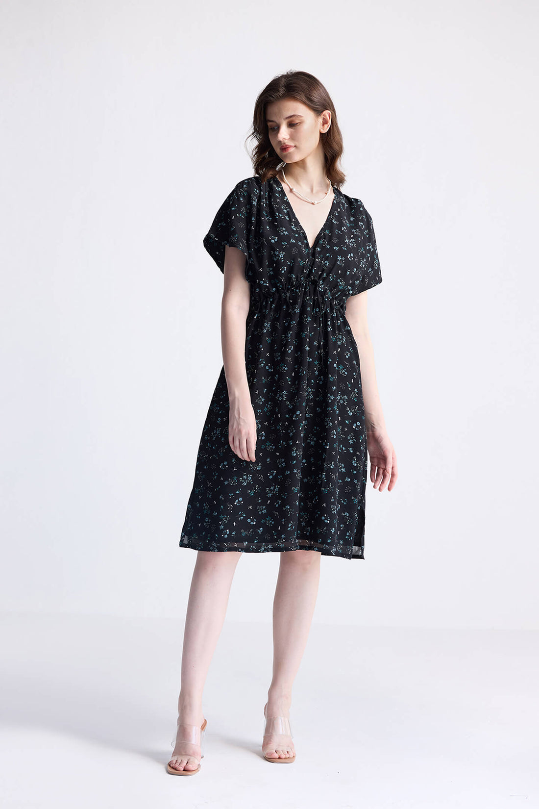 Gathered Knee-length Dress in Dark Blue Florals -COL - Stella Carakasi