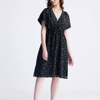 Gathered Knee-length Dress in Dark Blue Florals -COL - Stella Carakasi