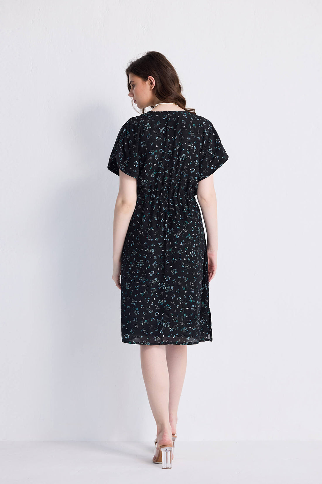Gathered Knee-length Dress in Dark Blue Florals -COL - Stella Carakasi