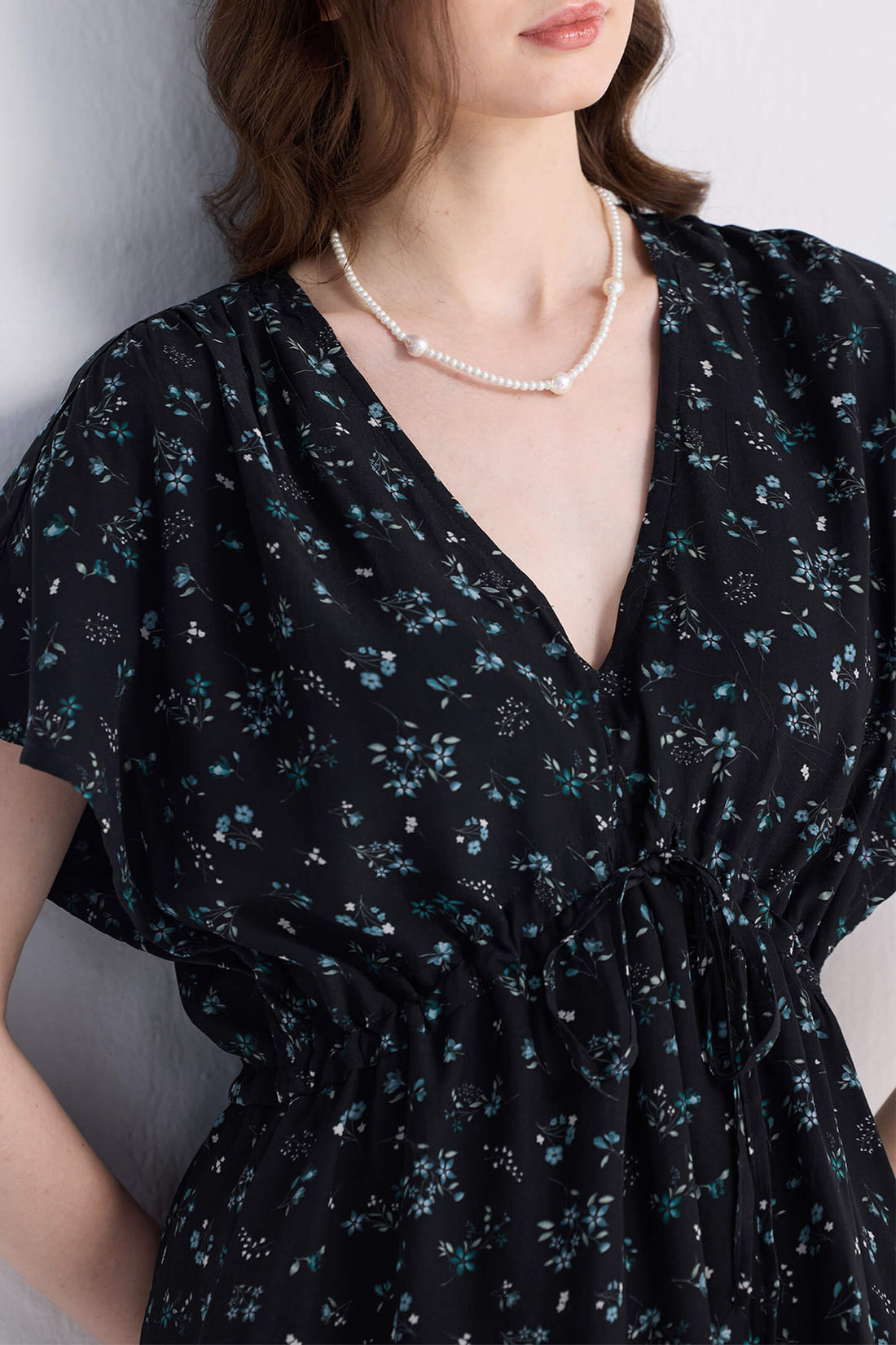 Gathered Knee-length Dress in Dark Blue Florals -COL - Stella Carakasi
