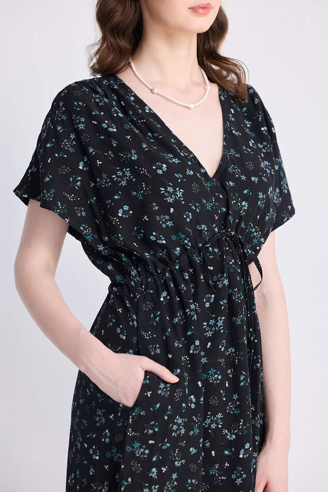 Gathered Knee-length Dress in Dark Blue Florals -COL - Stella Carakasi