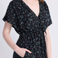Gathered Knee-length Dress in Dark Blue Florals -COL - Stella Carakasi