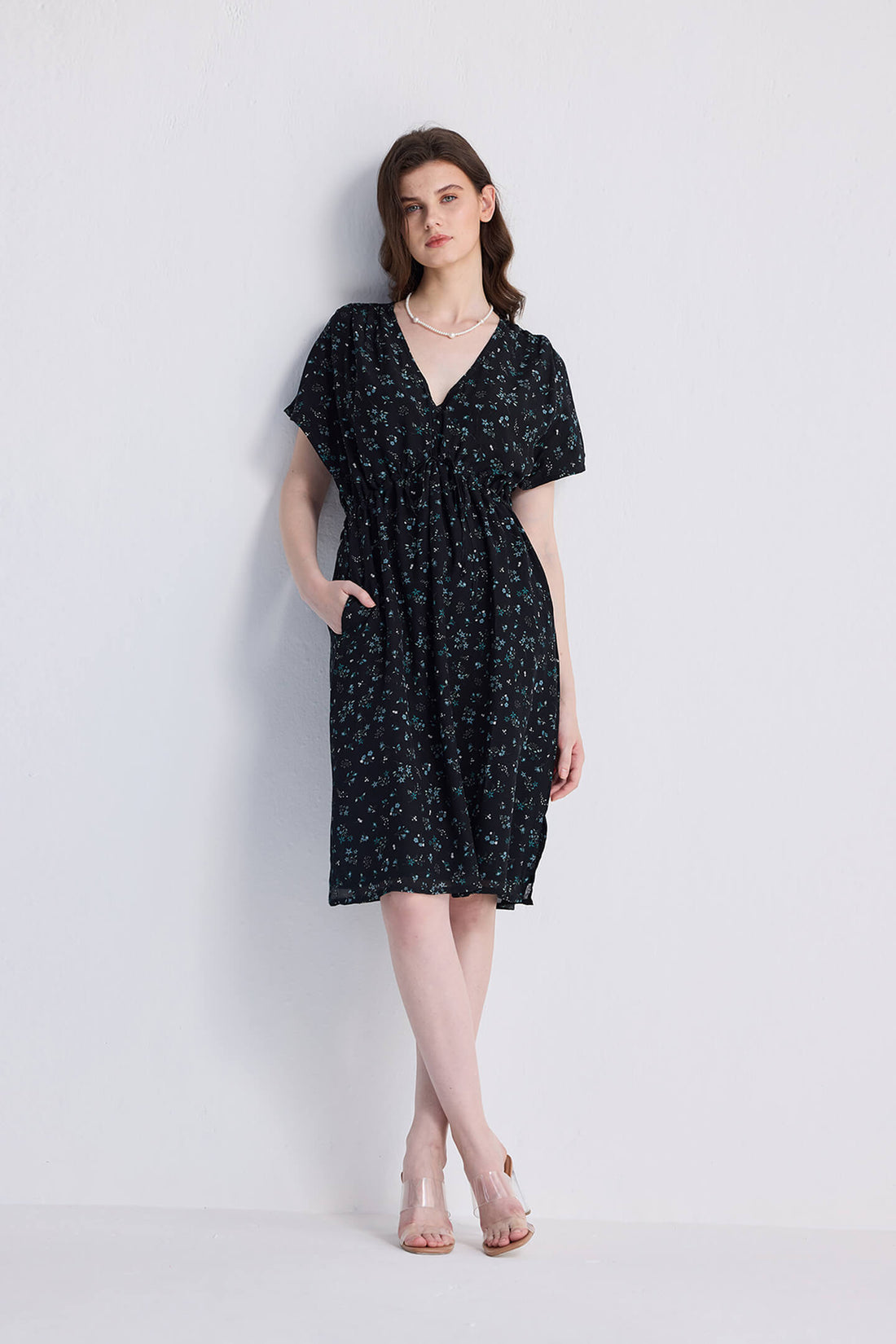 Gathered Knee-length Dress in Dark Blue Florals -COL - Stella Carakasi