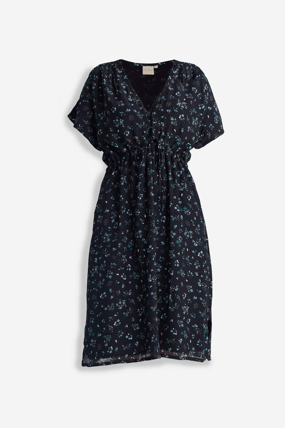 Gathered Knee-length Dress in Dark Blue Florals -COL - Stella Carakasi
