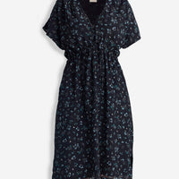 Gathered Knee-length Dress in Dark Blue Florals -COL - Stella Carakasi