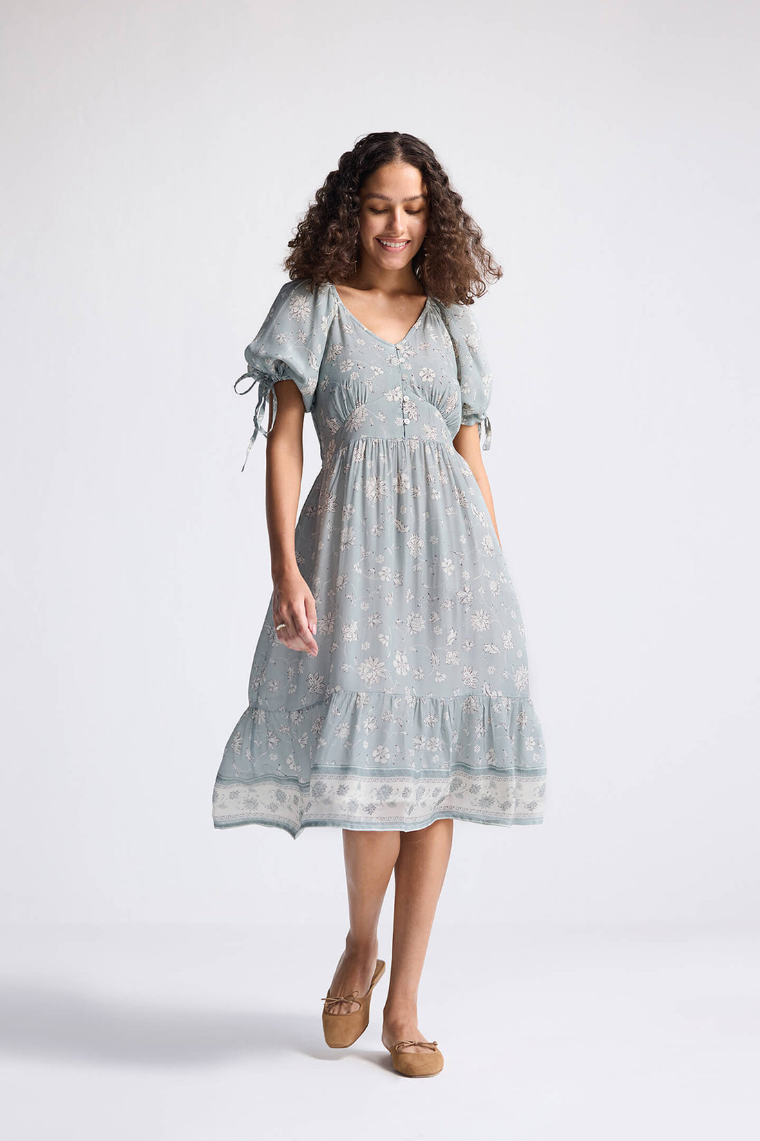 Puff Sleeve Midi Dress in Sage Green -COL - Stella Carakasi