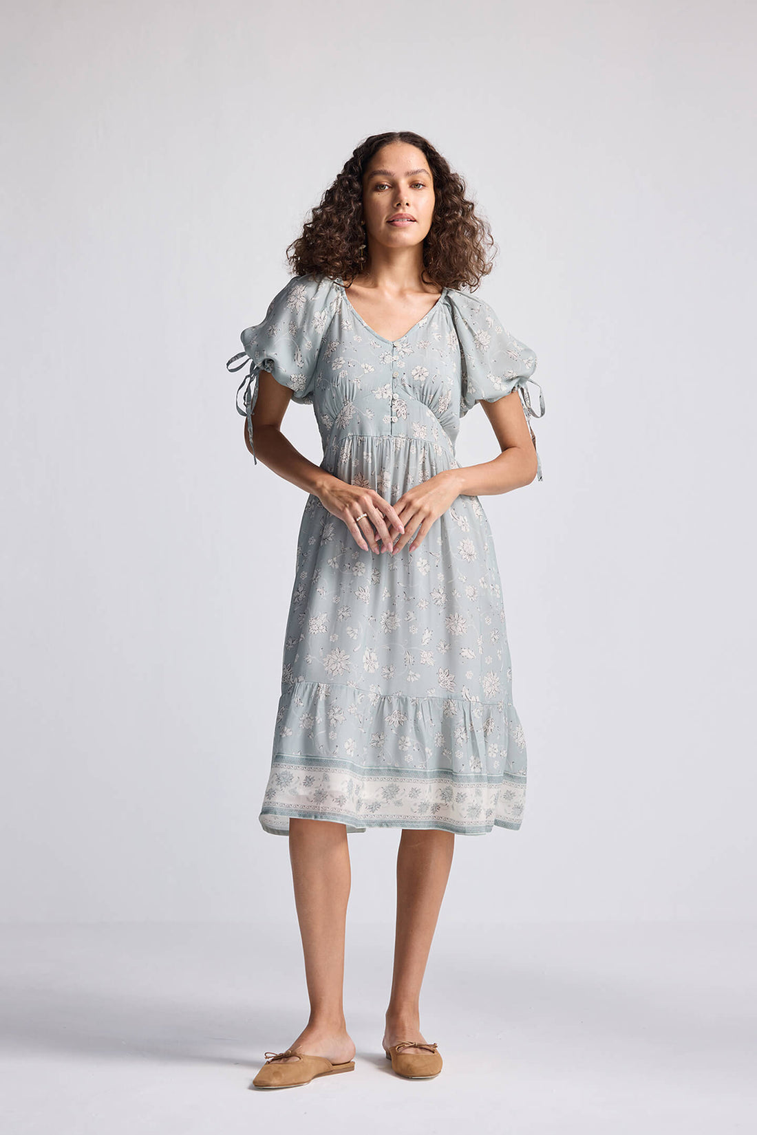 Puff Sleeve Midi Dress in Sage Green -COL - Stella Carakasi